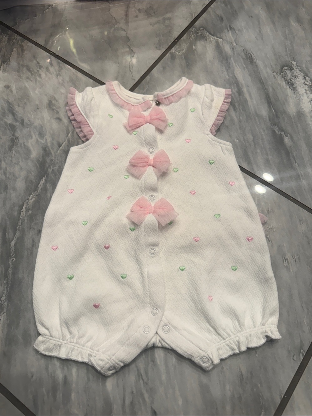 Little Me White One-Piece Romper with Pink Bows
